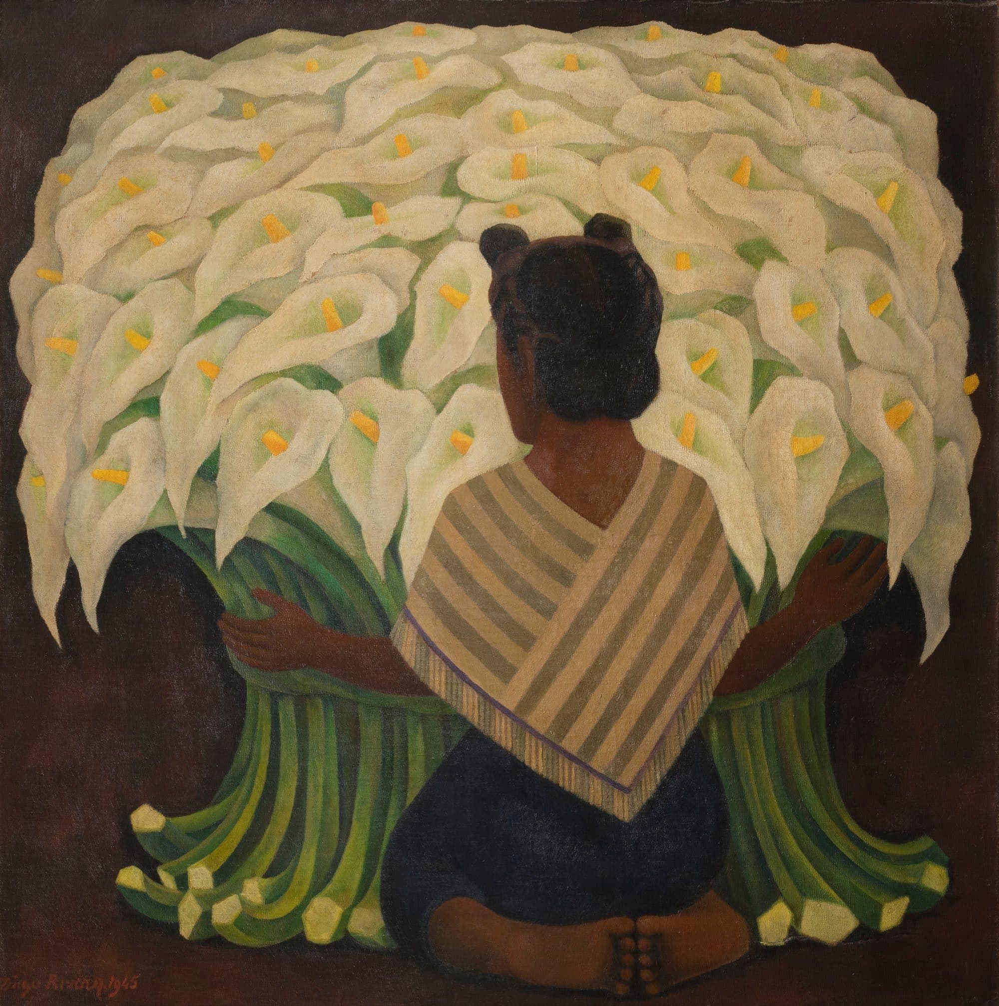 Diego Rivera, Woman with Calla Lilies, 1945, oil on masonite, 47 5/8 x 47 1/2 in. Private collection, U.S.A.; courtesy Galeria Interart; © 2022 Banco de México Diego Rivera & Frida Kahlo Museums Trust, Mexico, D.F. / Artists Rights Society (ARS), New York; photo: Scott Cramer with Calla Lillies_01_G02_2000