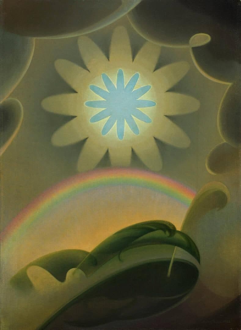Agnes Pelton, Sand Storm, 1932, oil on canvas, 30 1/4 × 22 in. (76.8 × 55.9 cm) Framed: 37 3/4 × 29 3/4 × 2 1/2 in. Crystal Bridges Museum of American Art, Bentonville, Arkansas, 2012.504