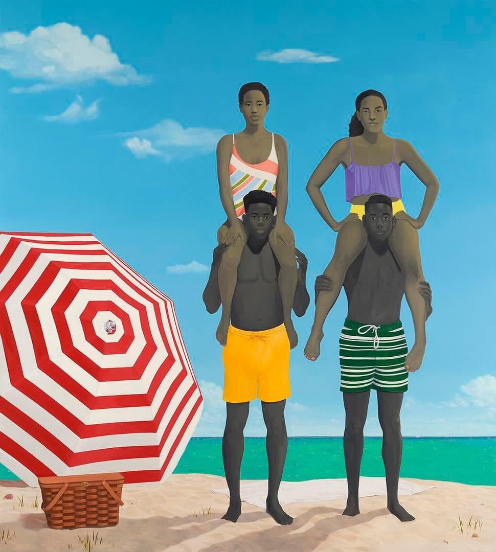 Amy Sherald, Precious jewels by the sea, 2019, oil on canvas, 120 in. × 108 in. × 2 1/2 in. Crystal Bridges Museum of American Art, Bentonville, Arkansas.