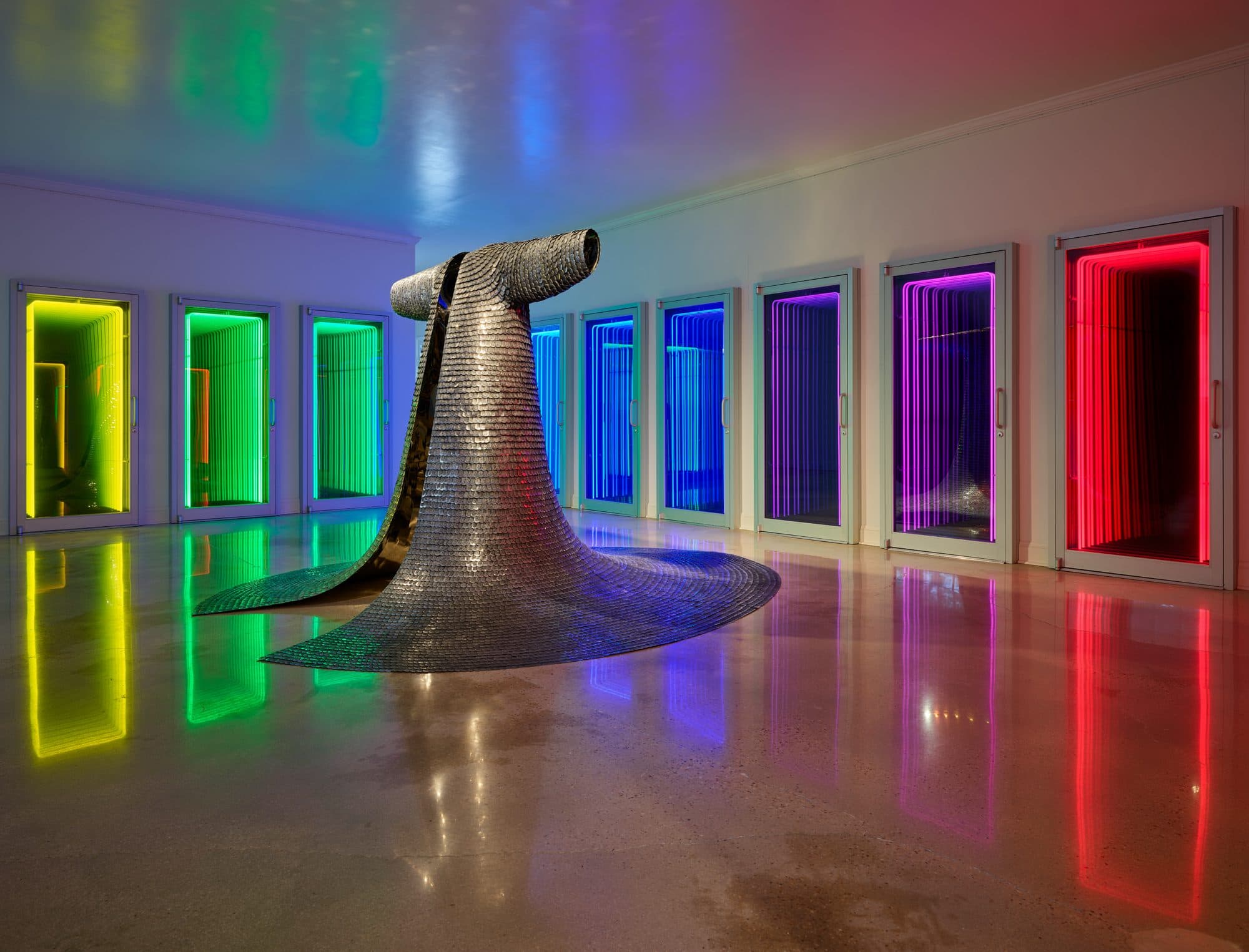 Metallic Cloak Sculpture with Neon Gradient Frames in Gallery
