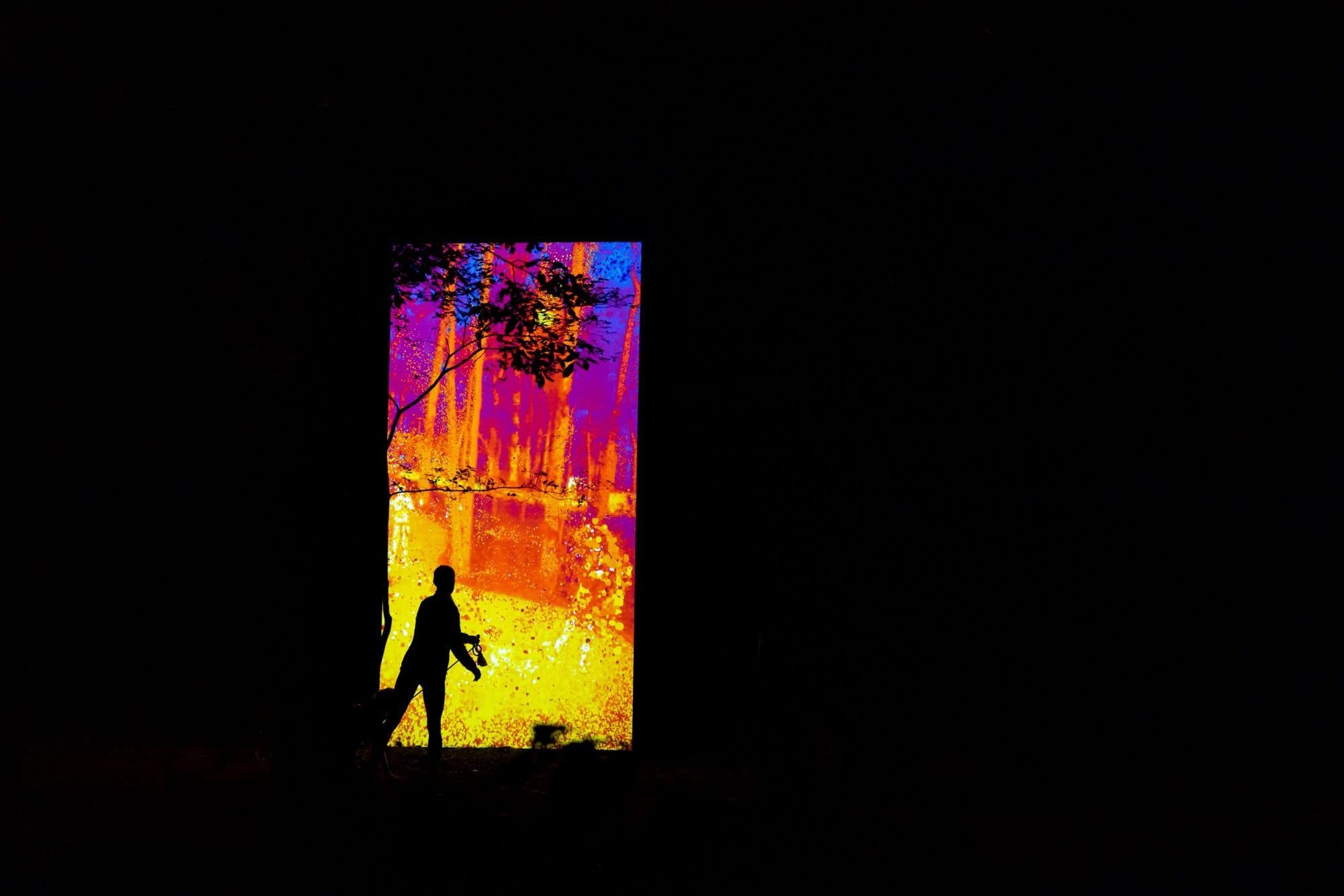 Una silueta baila frente a un sensor térmico de colores brillantes en el bosque por la noche.