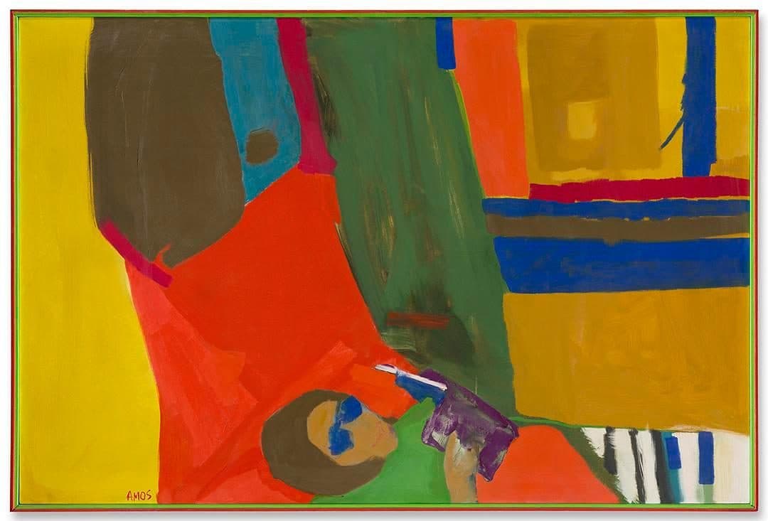 Emma Amos, The Reader, 1967, oil on canvas in artist’s frame, 41 1/8 × 61 1/8 in. Crystal Bridges Museum of American Art, Bentonville, Arkansas. Courtesy of the artist and RYAN LEE Gallery, New York.