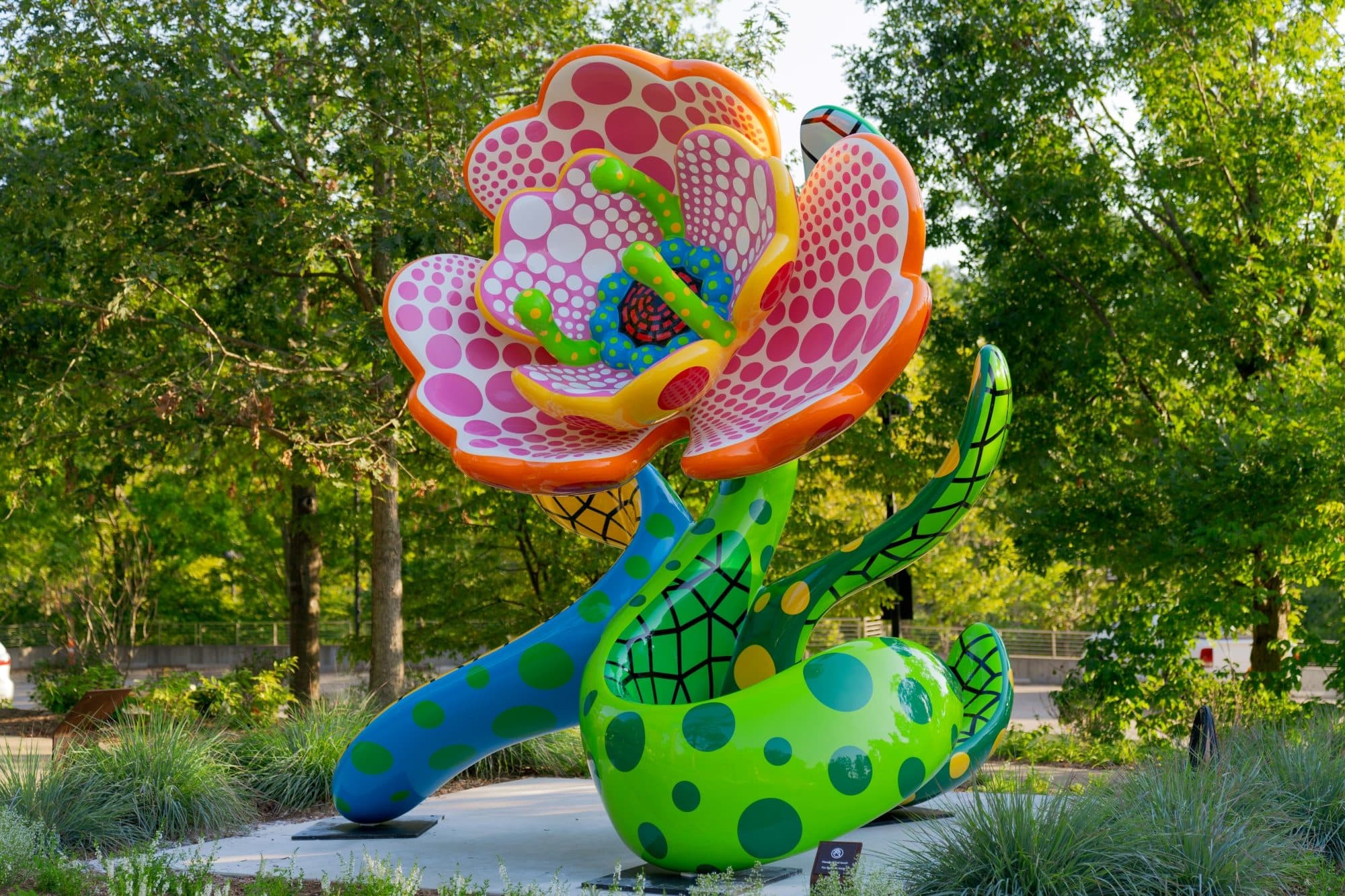 Kusama flowers on the trails at Crystal Bridges
